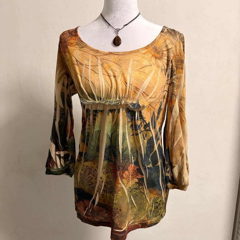Y2K B.L.E.U. Floral Print Balloon Long Sleeve Top Size M Fairycore Whimsigoth